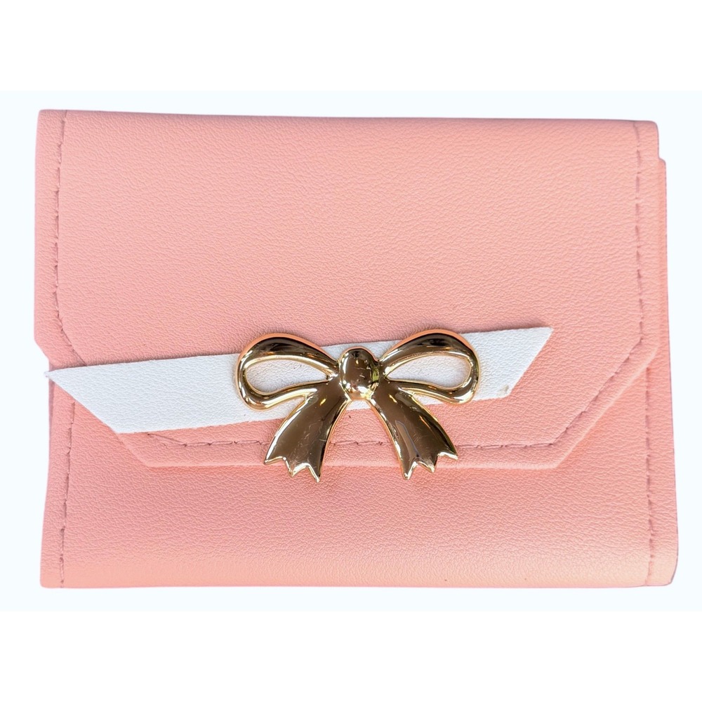 Pink Bow Tri-Fold Compact Wallet Gold Tone Hardware Coquette Aesthetic Mini